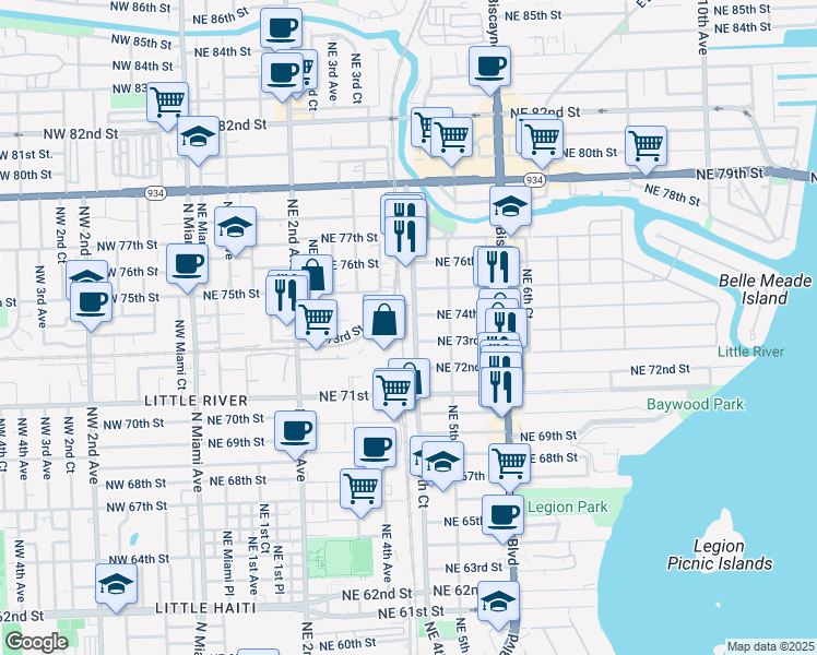 map of restaurants, bars, coffee shops, grocery stores, and more near 7250 Northeast 4th Court in Miami