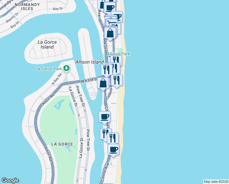 map of restaurants, bars, coffee shops, grocery stores, and more near 5959 Collins Ave in Miami