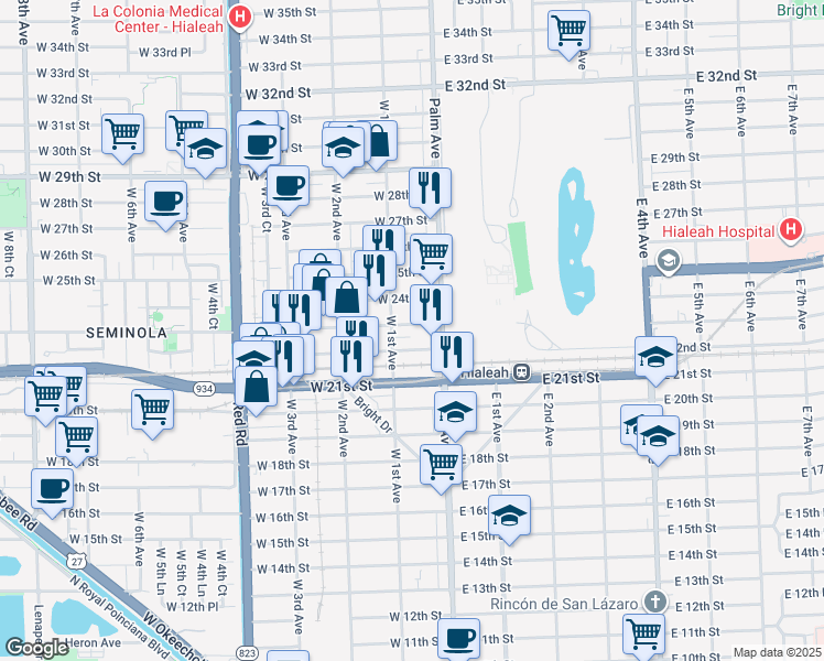 map of restaurants, bars, coffee shops, grocery stores, and more near 45 West 22nd Street in Hialeah