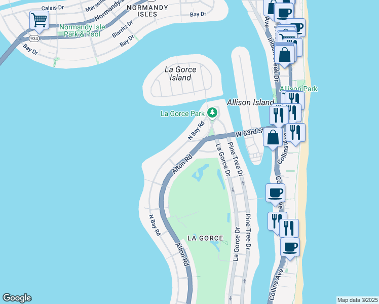 map of restaurants, bars, coffee shops, grocery stores, and more near 6080 Alton Road in Miami Beach