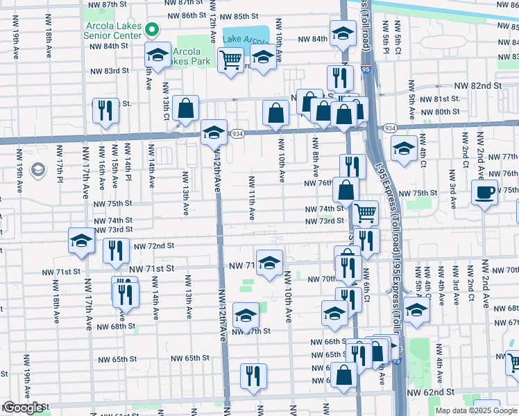 map of restaurants, bars, coffee shops, grocery stores, and more near 1041 Northwest 73rd Street in Miami