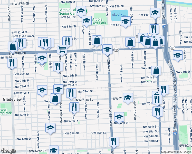 map of restaurants, bars, coffee shops, grocery stores, and more near 1361 Northwest 74th Street in Miami