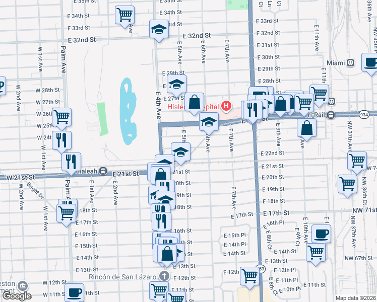 map of restaurants, bars, coffee shops, grocery stores, and more near 460 East 23rd Street in Hialeah