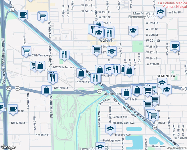 map of restaurants, bars, coffee shops, grocery stores, and more near 7513 Northwest South River Drive in Medley