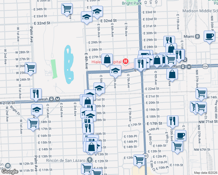 map of restaurants, bars, coffee shops, grocery stores, and more near 551 East 22nd Street in Hialeah