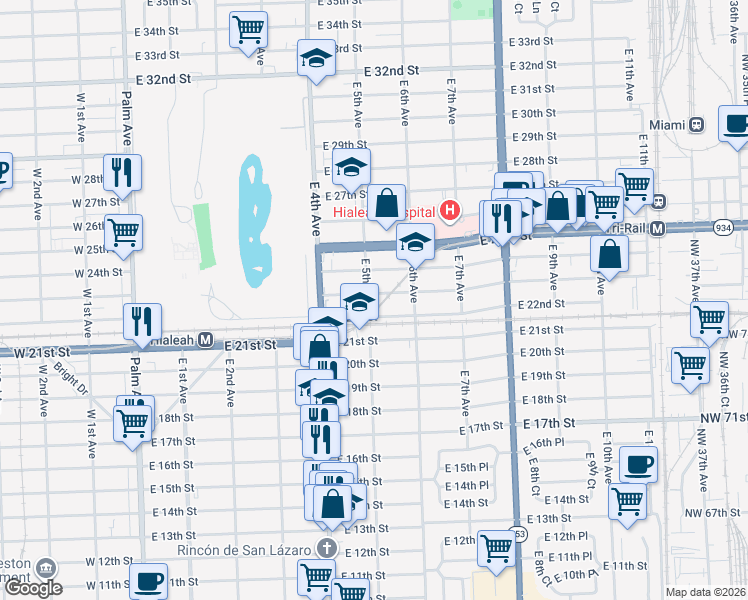 map of restaurants, bars, coffee shops, grocery stores, and more near 460 East 23rd Street in Hialeah