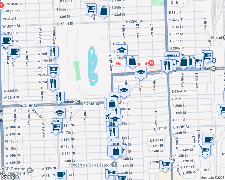 map of restaurants, bars, coffee shops, grocery stores, and more near 440 East 23rd Street in Hialeah