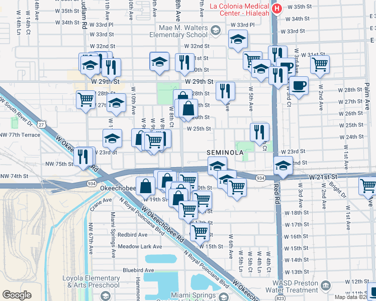 map of restaurants, bars, coffee shops, grocery stores, and more near in Hialeah