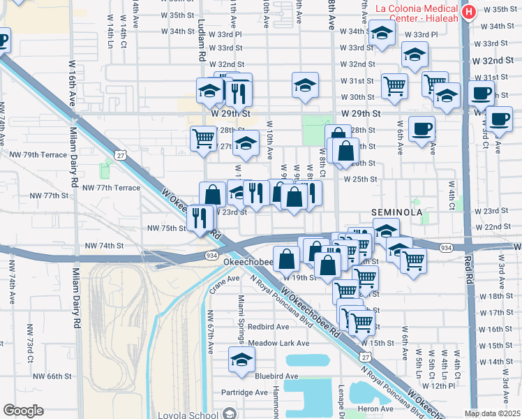 map of restaurants, bars, coffee shops, grocery stores, and more near 2220 West 10th Avenue in Hialeah