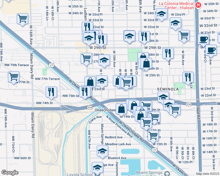 map of restaurants, bars, coffee shops, grocery stores, and more near 2220 West 10th Avenue in Hialeah