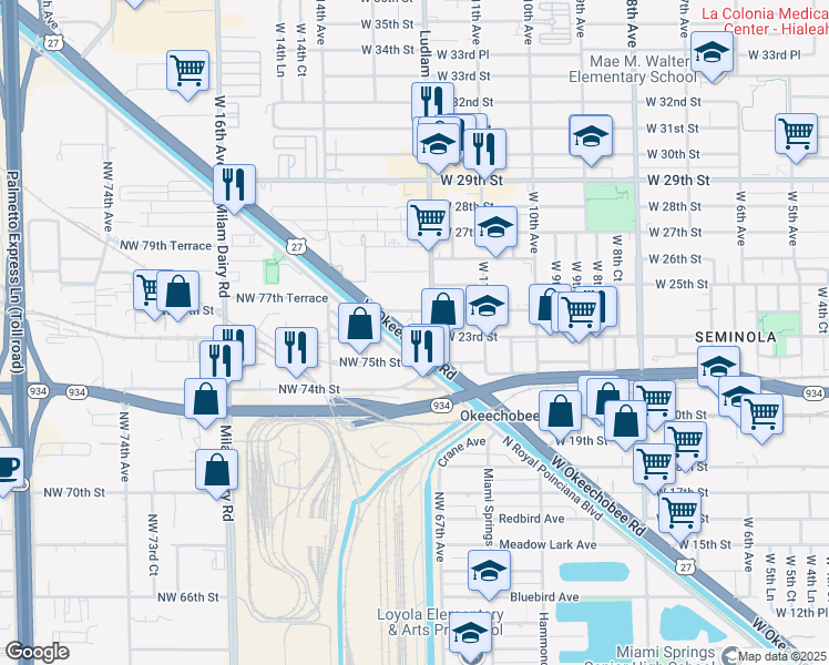map of restaurants, bars, coffee shops, grocery stores, and more near 7513 Northwest South River Drive in Medley