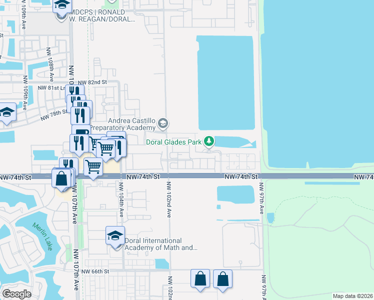 map of restaurants, bars, coffee shops, grocery stores, and more near 10061 Northwest 75th Street in Doral