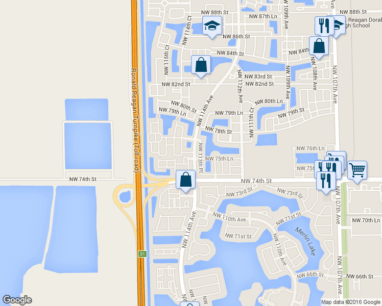 map of restaurants, bars, coffee shops, grocery stores, and more near 7570 Northwest 113th Path in Doral