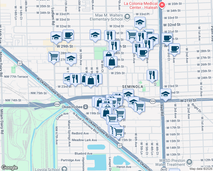 map of restaurants, bars, coffee shops, grocery stores, and more near in Hialeah