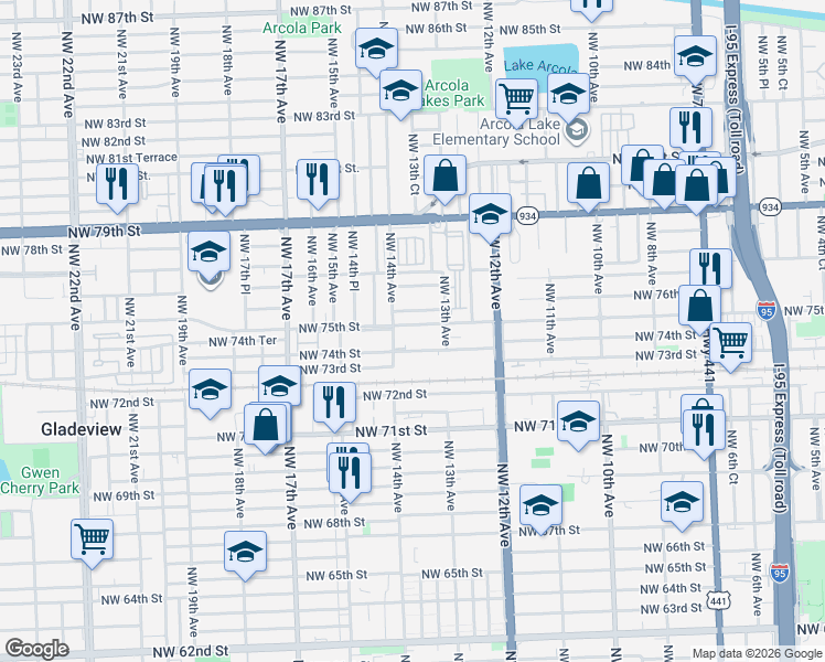 map of restaurants, bars, coffee shops, grocery stores, and more near 1341 Northwest 75th Street in Miami
