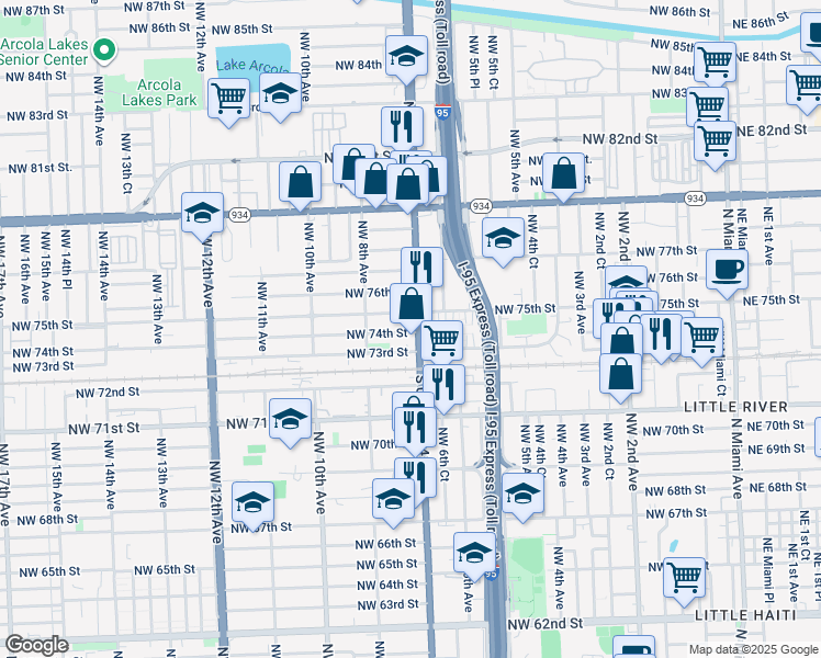 map of restaurants, bars, coffee shops, grocery stores, and more near 727 Northwest 75th Street in Miami