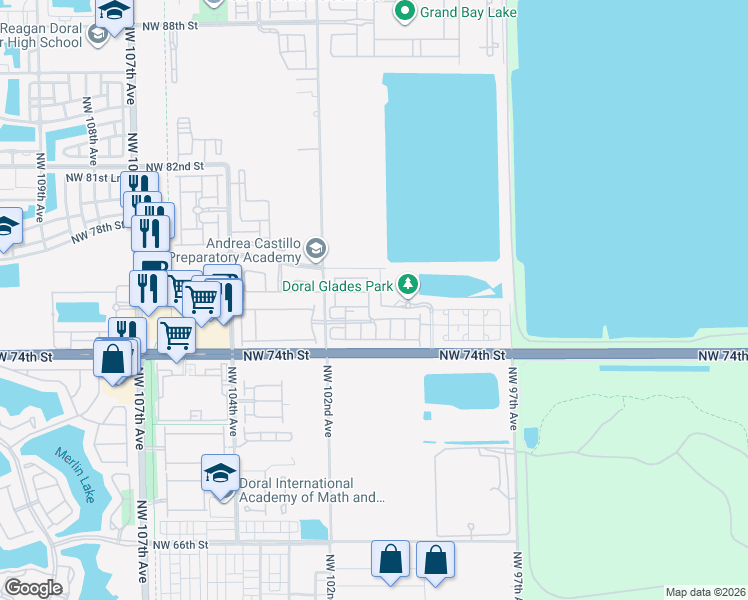 map of restaurants, bars, coffee shops, grocery stores, and more near 10064 Northwest 77th Street in Doral