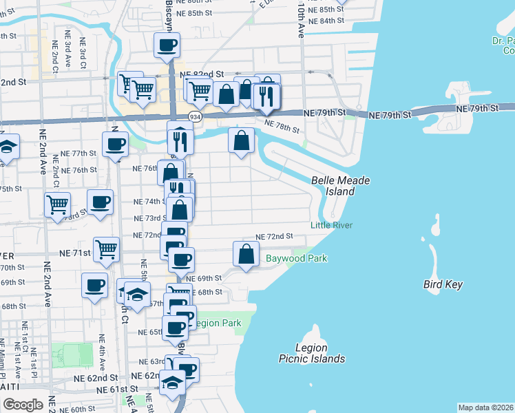map of restaurants, bars, coffee shops, grocery stores, and more near 801 Northeast 74th Street in Miami