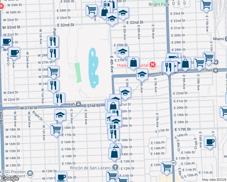 map of restaurants, bars, coffee shops, grocery stores, and more near 2385 East 4th Avenue in Hialeah