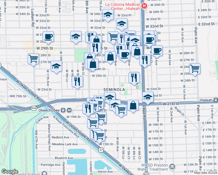 map of restaurants, bars, coffee shops, grocery stores, and more near 2385 West 6th Lane in Hialeah