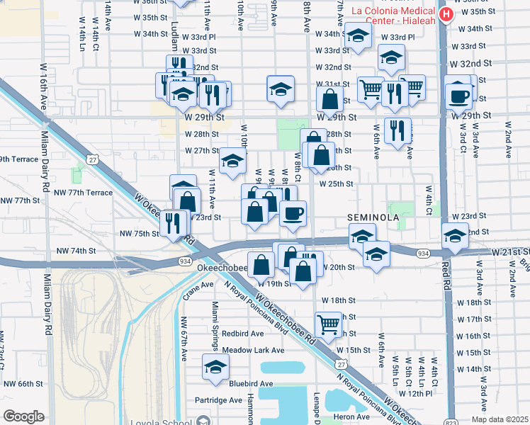 map of restaurants, bars, coffee shops, grocery stores, and more near 2405 West 9th Lane in Hialeah