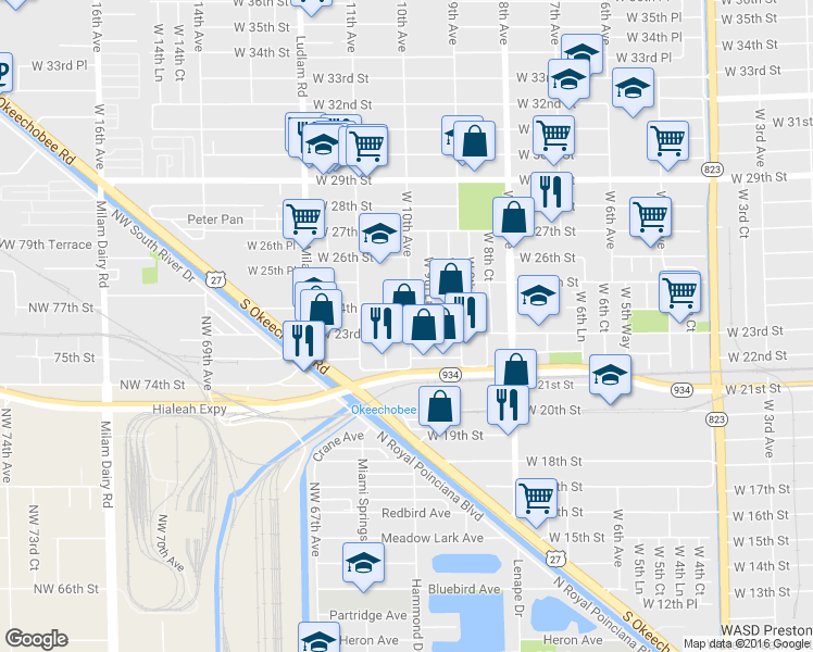map of restaurants, bars, coffee shops, grocery stores, and more near 1004 West 24th Street in Hialeah