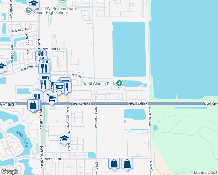 map of restaurants, bars, coffee shops, grocery stores, and more near 10064 Northwest 77th Street in Doral