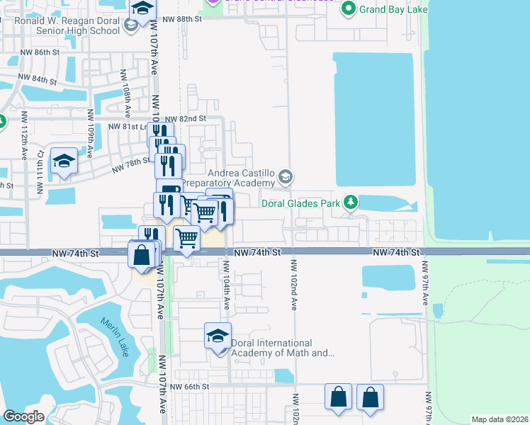 map of restaurants, bars, coffee shops, grocery stores, and more near 7652 Northwest 88th terrace in Doral