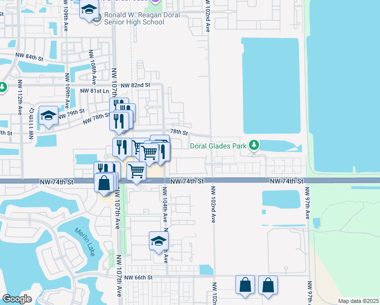 map of restaurants, bars, coffee shops, grocery stores, and more near 7652 Northwest 88th terrace in Doral
