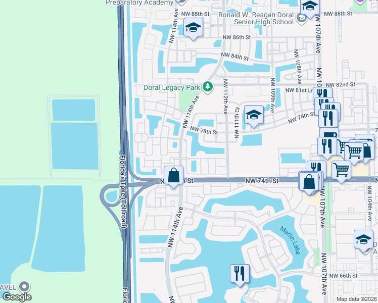map of restaurants, bars, coffee shops, grocery stores, and more near 7754 Northwest 113th Place in Medley