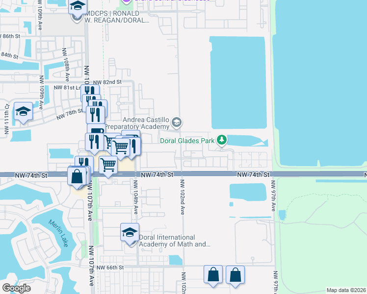 map of restaurants, bars, coffee shops, grocery stores, and more near 10221 Northwest 76th Lane in Medley