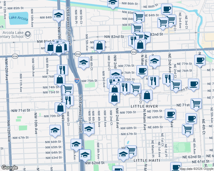 map of restaurants, bars, coffee shops, grocery stores, and more near 254 Northwest 75th Street in Miami