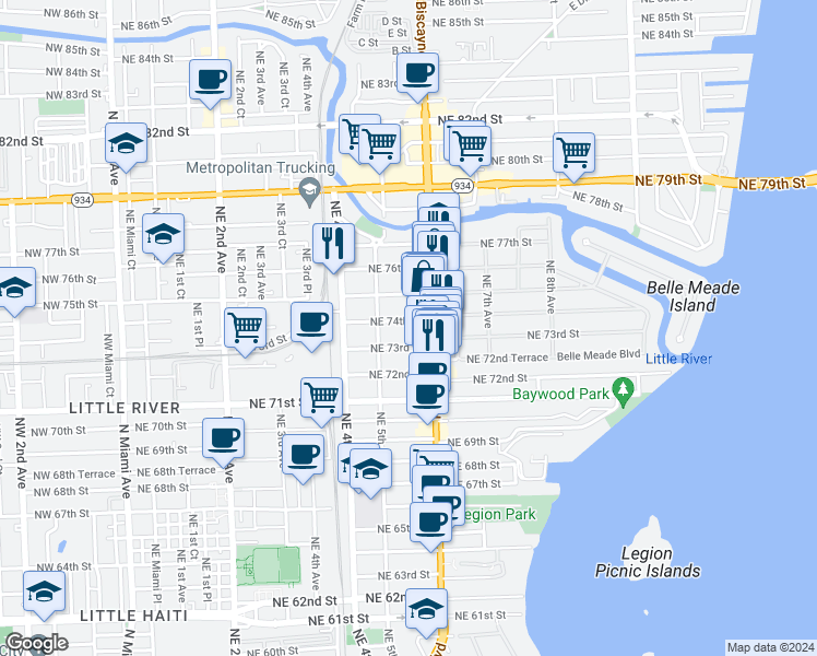 map of restaurants, bars, coffee shops, grocery stores, and more near 549 Northeast 74th Street in Miami