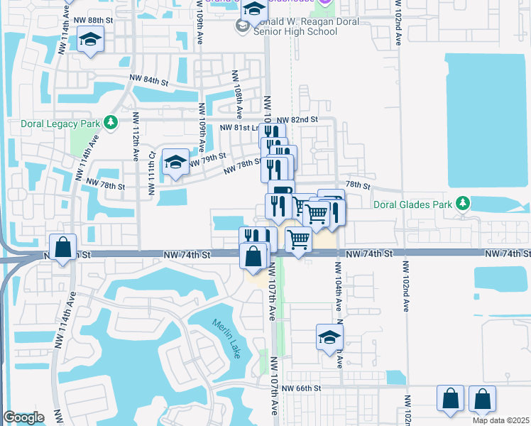 map of restaurants, bars, coffee shops, grocery stores, and more near 7661 Northwest 107th Avenue in Doral