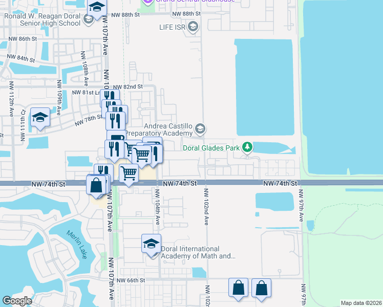 map of restaurants, bars, coffee shops, grocery stores, and more near 7652 Northwest 88th terrace in Doral