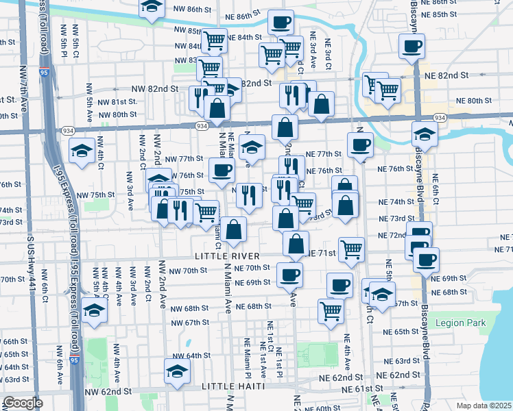 map of restaurants, bars, coffee shops, grocery stores, and more near 130 Northeast 75th Street in Miami