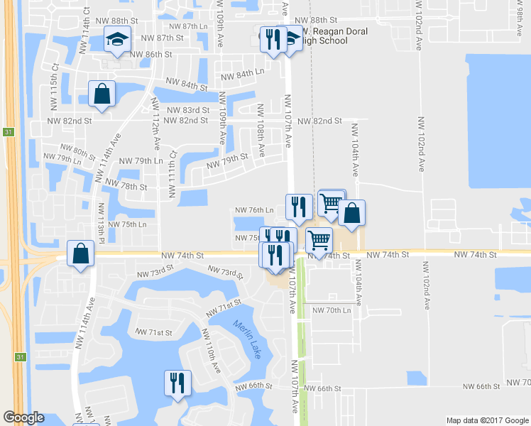 map of restaurants, bars, coffee shops, grocery stores, and more near 10701 Northwest 76th Lane in Medley