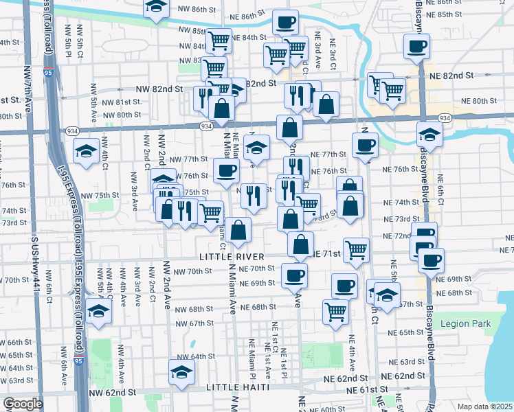 map of restaurants, bars, coffee shops, grocery stores, and more near 130 Northeast 75th Street in Miami