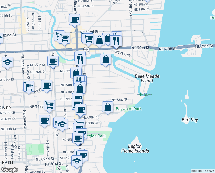 map of restaurants, bars, coffee shops, grocery stores, and more near 801 Northeast 74th Street in Miami