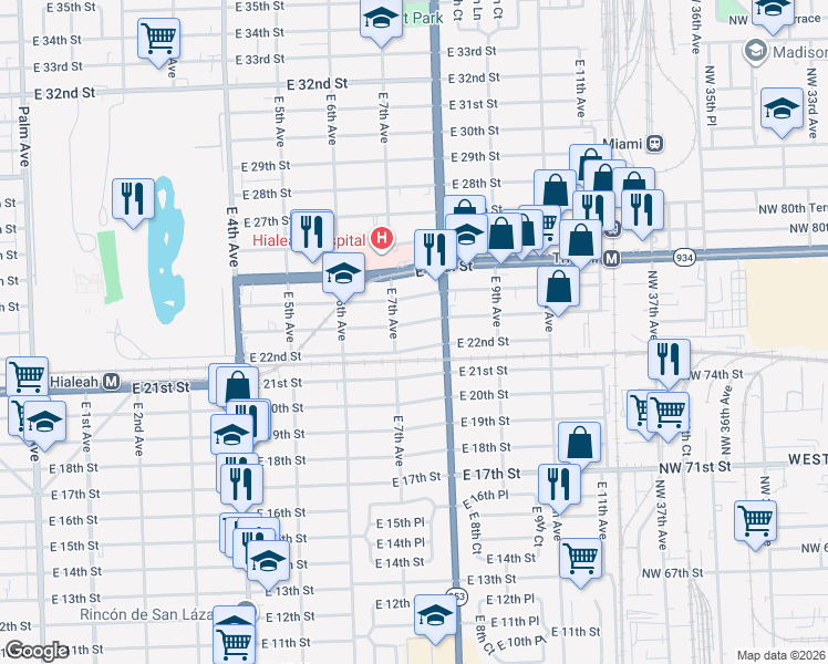 map of restaurants, bars, coffee shops, grocery stores, and more near 2345 East 7th Avenue in Hialeah