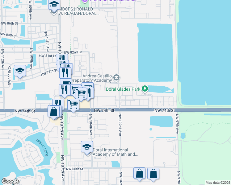map of restaurants, bars, coffee shops, grocery stores, and more near 10221 Northwest 76th Lane in Medley