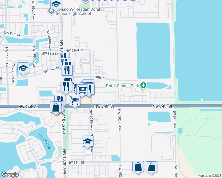 map of restaurants, bars, coffee shops, grocery stores, and more near 7652 Northwest 88th terrace in Doral