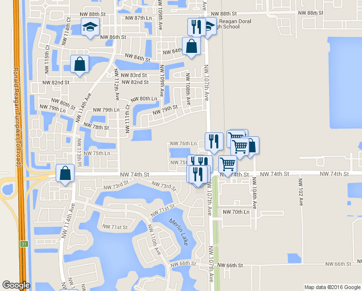 map of restaurants, bars, coffee shops, grocery stores, and more near 10781 Northwest 76th Lane in Medley