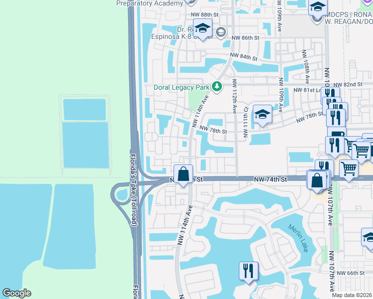 map of restaurants, bars, coffee shops, grocery stores, and more near 7754 Northwest 113th Place in Medley