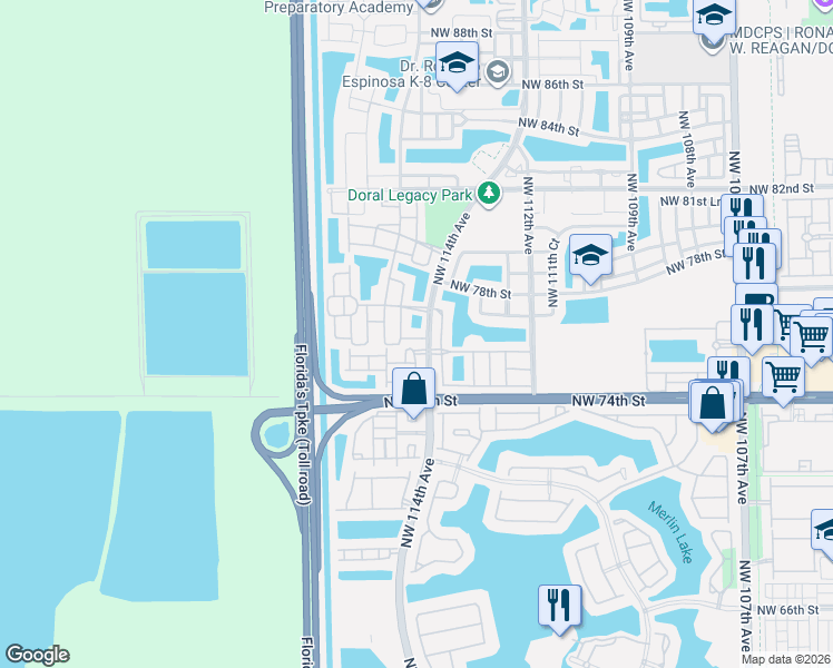 map of restaurants, bars, coffee shops, grocery stores, and more near 7742 Northwest 114th Path in Doral