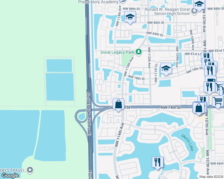 map of restaurants, bars, coffee shops, grocery stores, and more near 7742 Northwest 114th Path in Doral