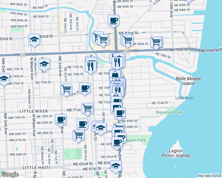 map of restaurants, bars, coffee shops, grocery stores, and more near 552 Northeast 74th Street in Miami