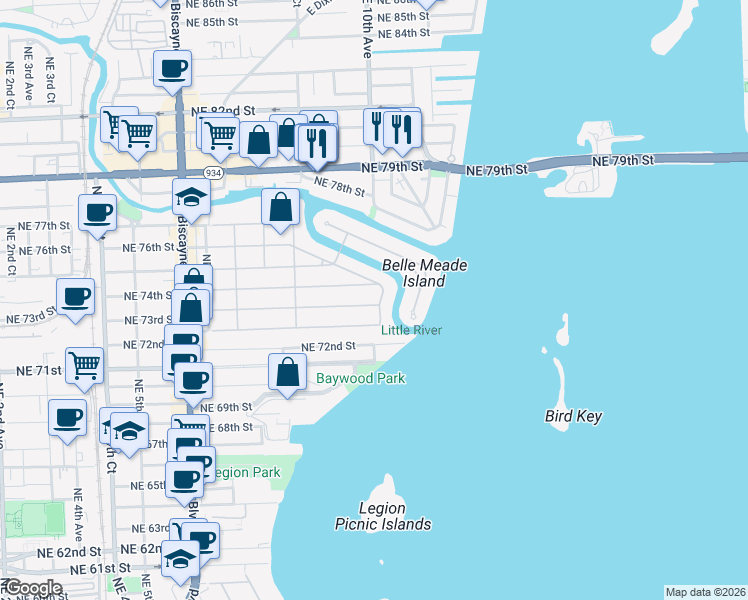 map of restaurants, bars, coffee shops, grocery stores, and more near 990 Northeast 74th Street in Miami
