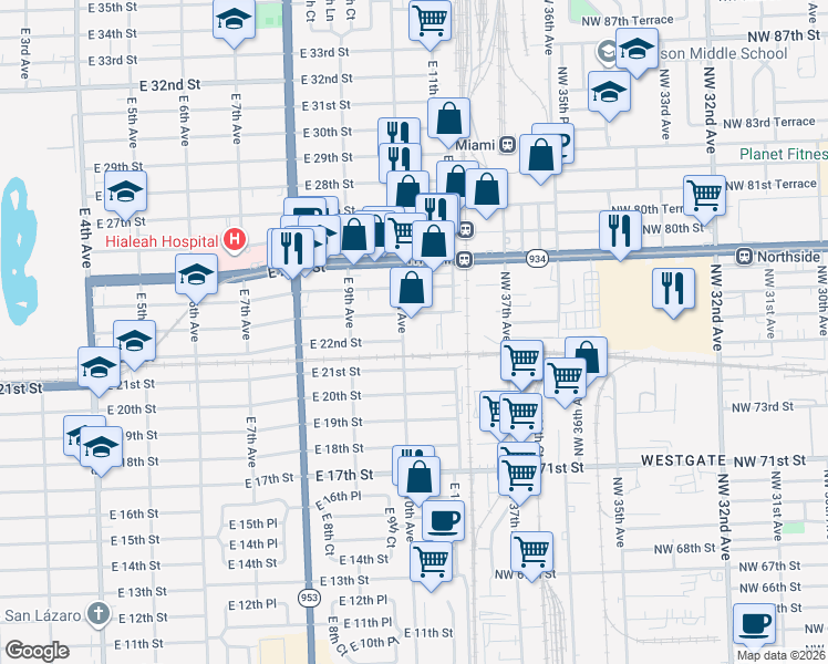 map of restaurants, bars, coffee shops, grocery stores, and more near 2307 East 10th Avenue in Hialeah