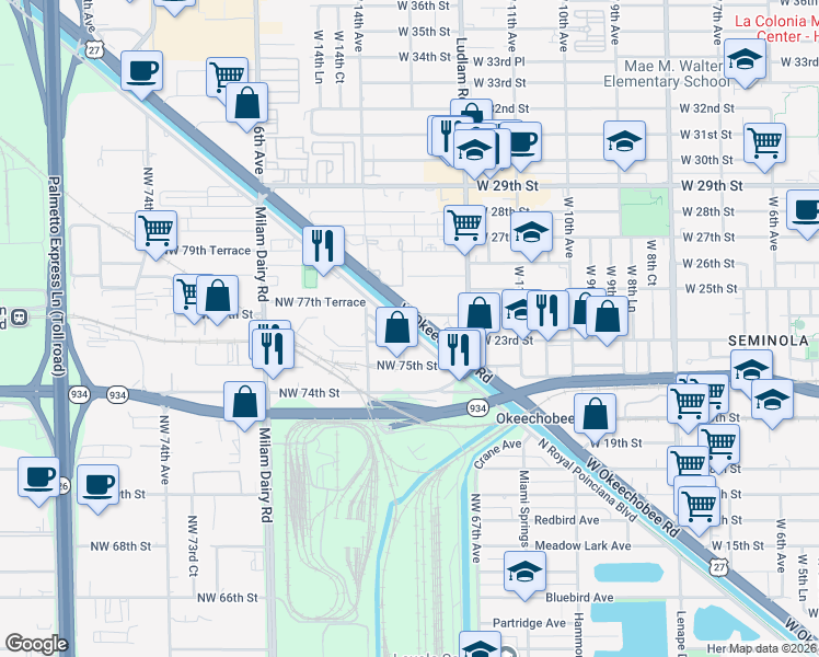 map of restaurants, bars, coffee shops, grocery stores, and more near 2401 West Okeechobee Road in Hialeah